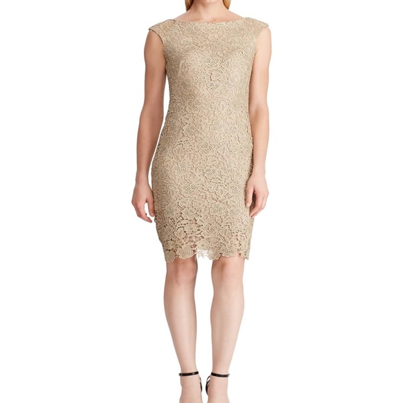 Lauren Ralph Lauren Champagne Lace Sheath Dress Gold Metallic 10 - Picture 5 of 14
